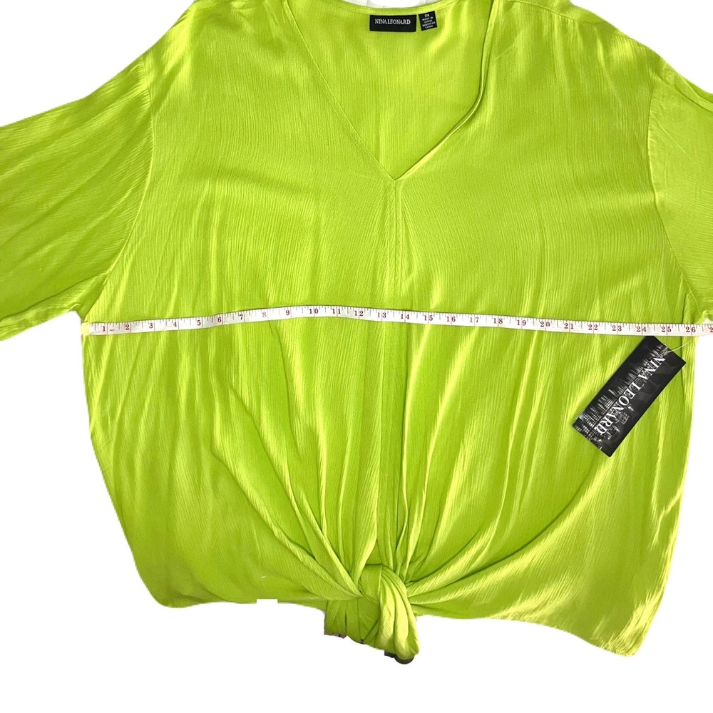 Nina Leonard Plus Size Lime Green V-Neck Tie Front Blouse - Picture 4 of 9